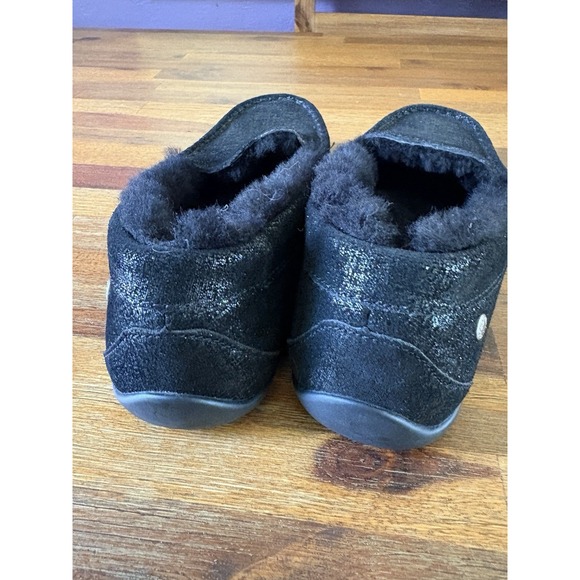 Abeo Leather Slippers Size 8 Black Leather Sparkle Moccasins Sheepskin Lining - Picture 7 of 16